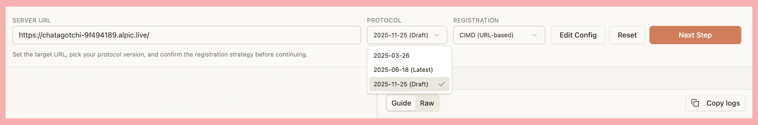OAuth debugger settings showing spec version and registration method options