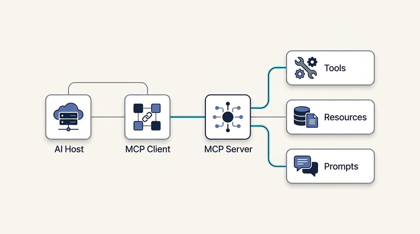 Diagram of an AI host connected through an MCP client to an MCP server, which exposes three primitives: tools, resources, and prompts