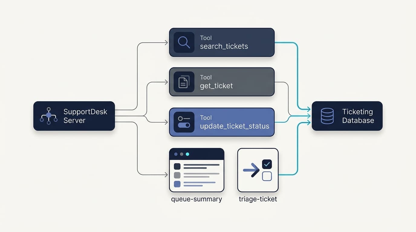 Architecture of the SupportDesk MCP server: the search_tickets, get_ticket, and update_ticket_status tools, the queue-summary resource, and the triage-ticket prompt all sit in front of the ticketing database