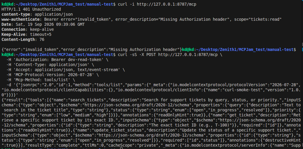 Terminal output from curl: a request without a token returns 401 Unauthorized with a WWW-Authenticate invalid_token header, and a request with a bearer token returns the tools/list result
