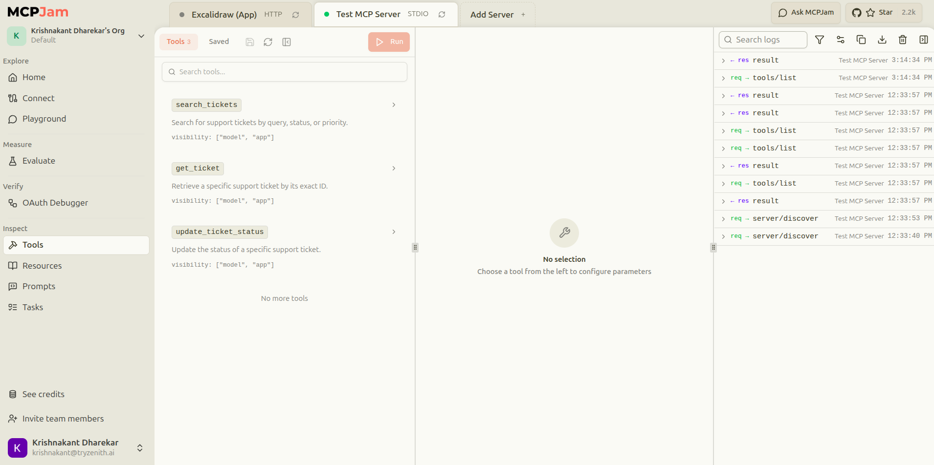 MCPJam Inspector connected to the SupportDesk server, with the Tools tab listing search_tickets, get_ticket, and update_ticket_status and a request log on the right