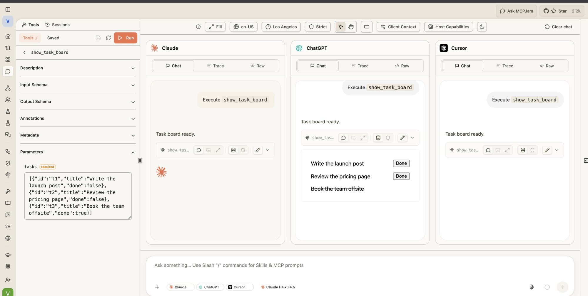 MCPJam Playground running the same show_task_board call against three hosts side by side. The Claude and Cursor panels show only the text "Task board ready." The ChatGPT panel renders the task board UI with Write the launch post and Review the pricing page each carrying a Done button, and Book the team offsite crossed out