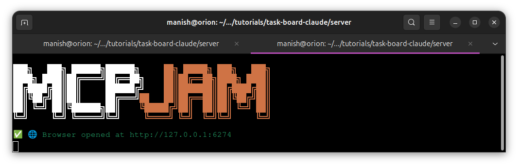 Terminal showing the MCPJam ASCII logo and a line reporting that the browser opened at http://127.0.0.1:6274