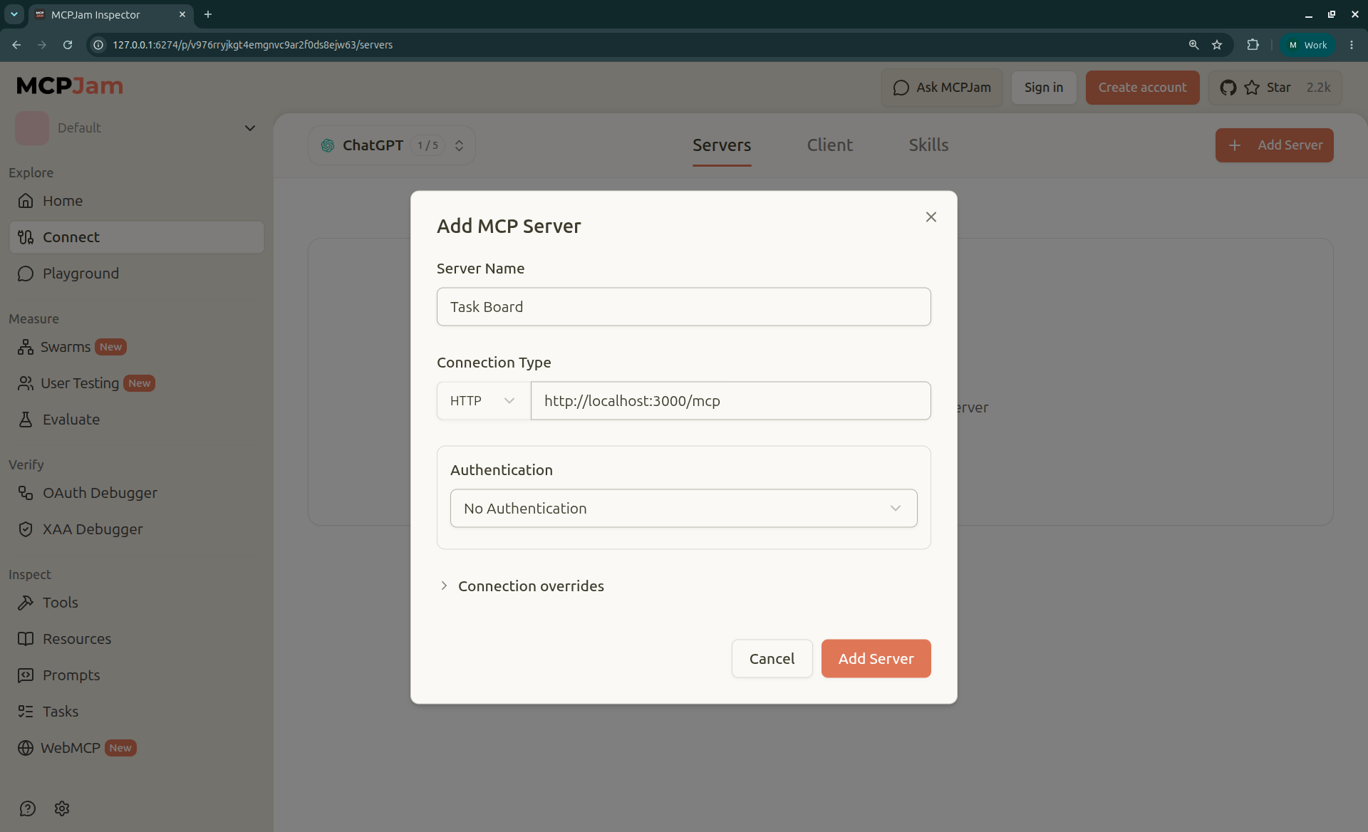 MCPJam Add MCP Server dialog filled in with the name Task Board, HTTP as the connection type, the URL http://localhost:3000/mcp, and No Authentication selected