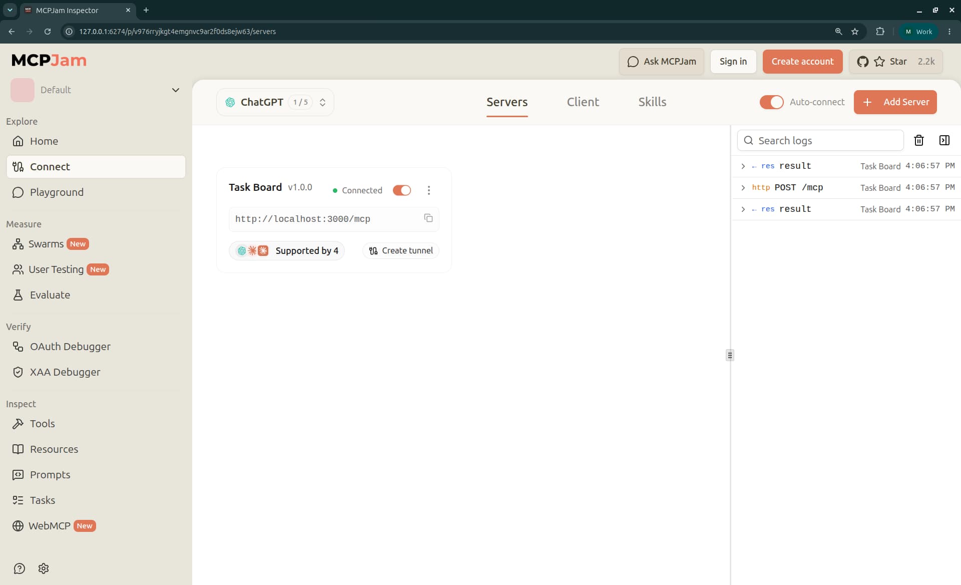 MCPJam Servers tab with the ChatGPT client preset selected. The Task Board v1.0.0 server shows Connected at http://localhost:3000/mcp, and the log panel lists a POST /mcp request with its results