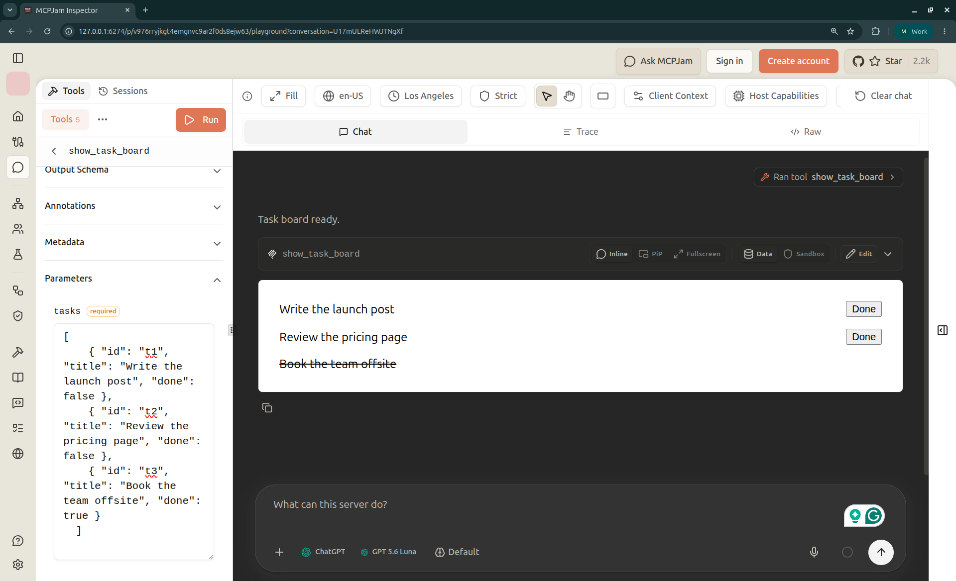 MCPJam Playground in dark mode after calling show_task_board with a JSON tasks parameter. The task board renders inline with Done buttons for two open tasks and one crossed-out completed task