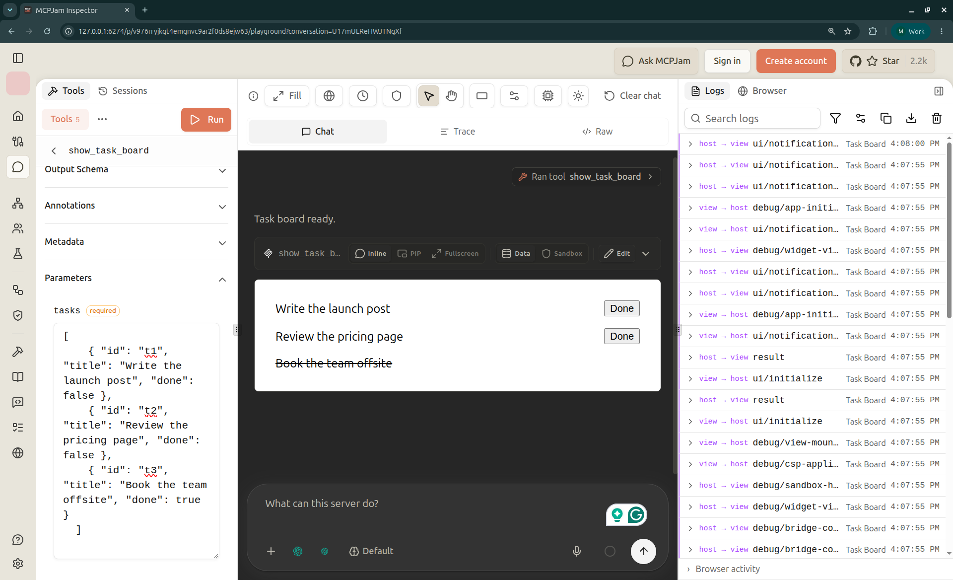 MCPJam Playground with the logs panel open beside the rendered task board. The log lists host-to-view and view-to-host messages such as ui/initialize, ui/notification, and debug/csp entries