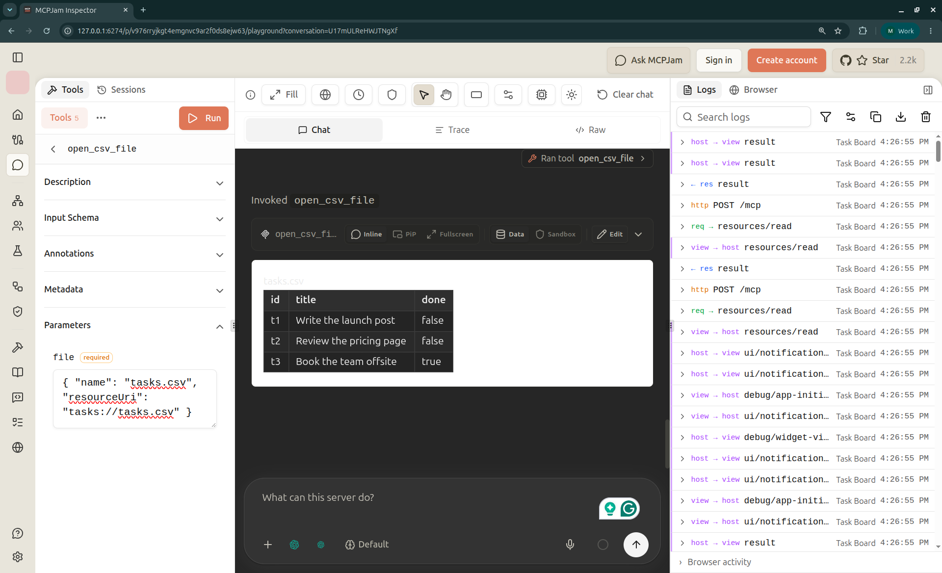 MCPJam Playground after running open_csv_file with the file name tasks.csv and the resource URI tasks://tasks.csv. The viewer renders a table of the three tasks with id, title, and done columns
