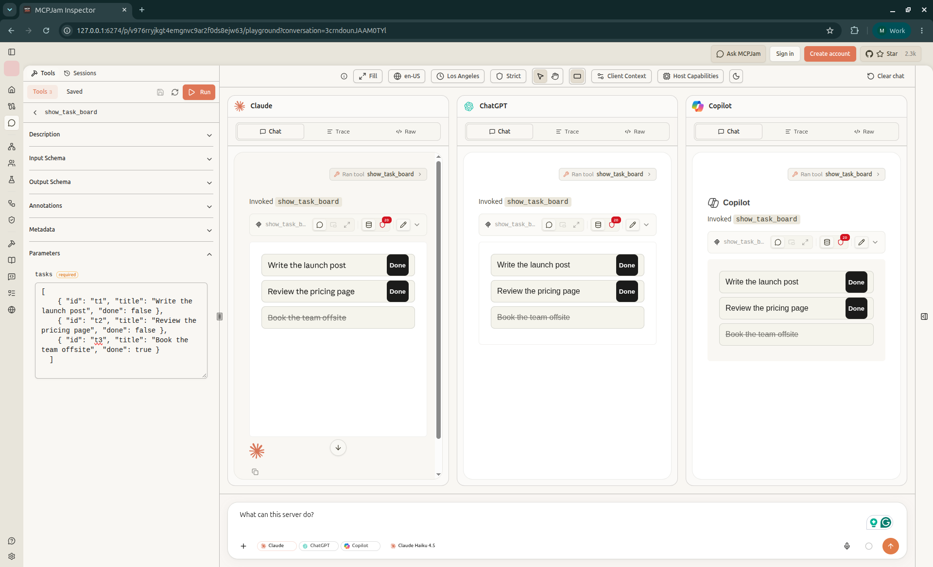 MCPJam Playground running show_task_board against Claude, ChatGPT, and Copilot side by side. Each panel renders the task board with Write the launch post and Review the pricing page carrying Done buttons, and Book the team offsite crossed out