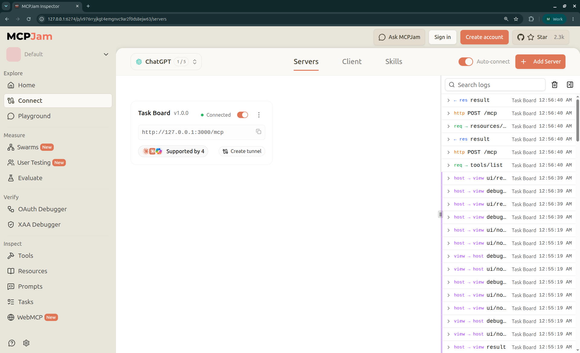 MCPJam Servers tab showing the Task Board v1.0.0 server as Connected at http://127.0.0.1:3000/mcp, with a Supported by 4 badge and a Create tunnel button. The log panel lists POST /mcp requests and host-to-view messages