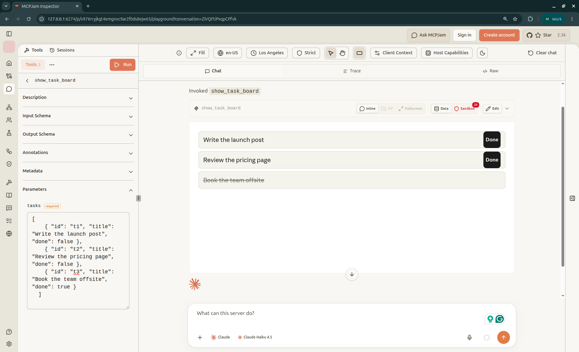 MCPJam Playground after invoking show_task_board with a JSON tasks parameter. The task board renders inline with Done buttons for two open tasks and one crossed-out completed task