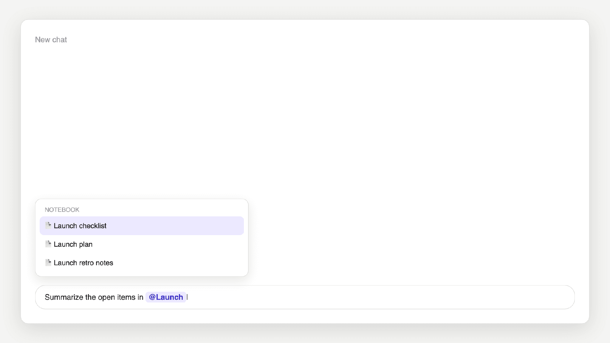 The ChatGPT composer showing an @Launch mention with a dropdown of Notebook pages