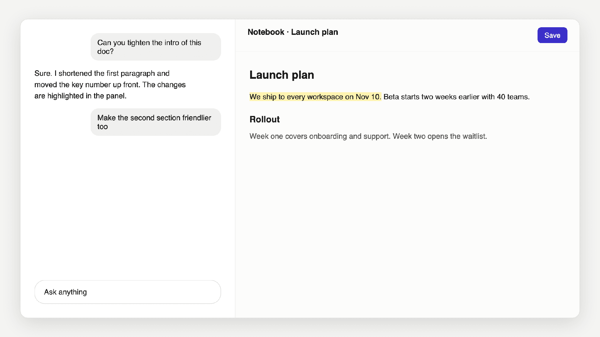 A Launch plan document open in a Notebook editor next to a chat asking ChatGPT to tighten the intro, with the edited sentence highlighted