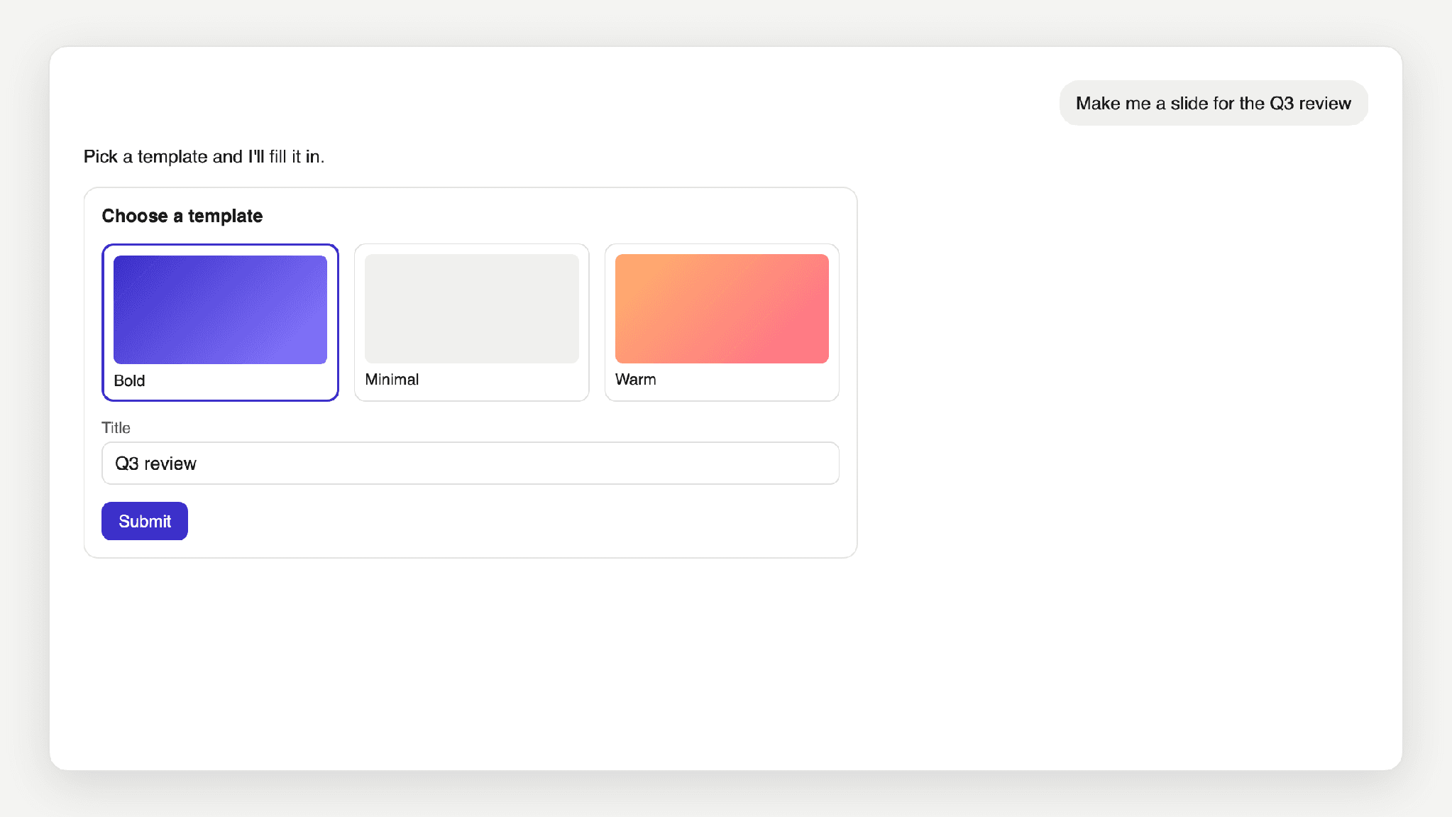 A form in ChatGPT asking the user to choose a slide template from image options and enter a title