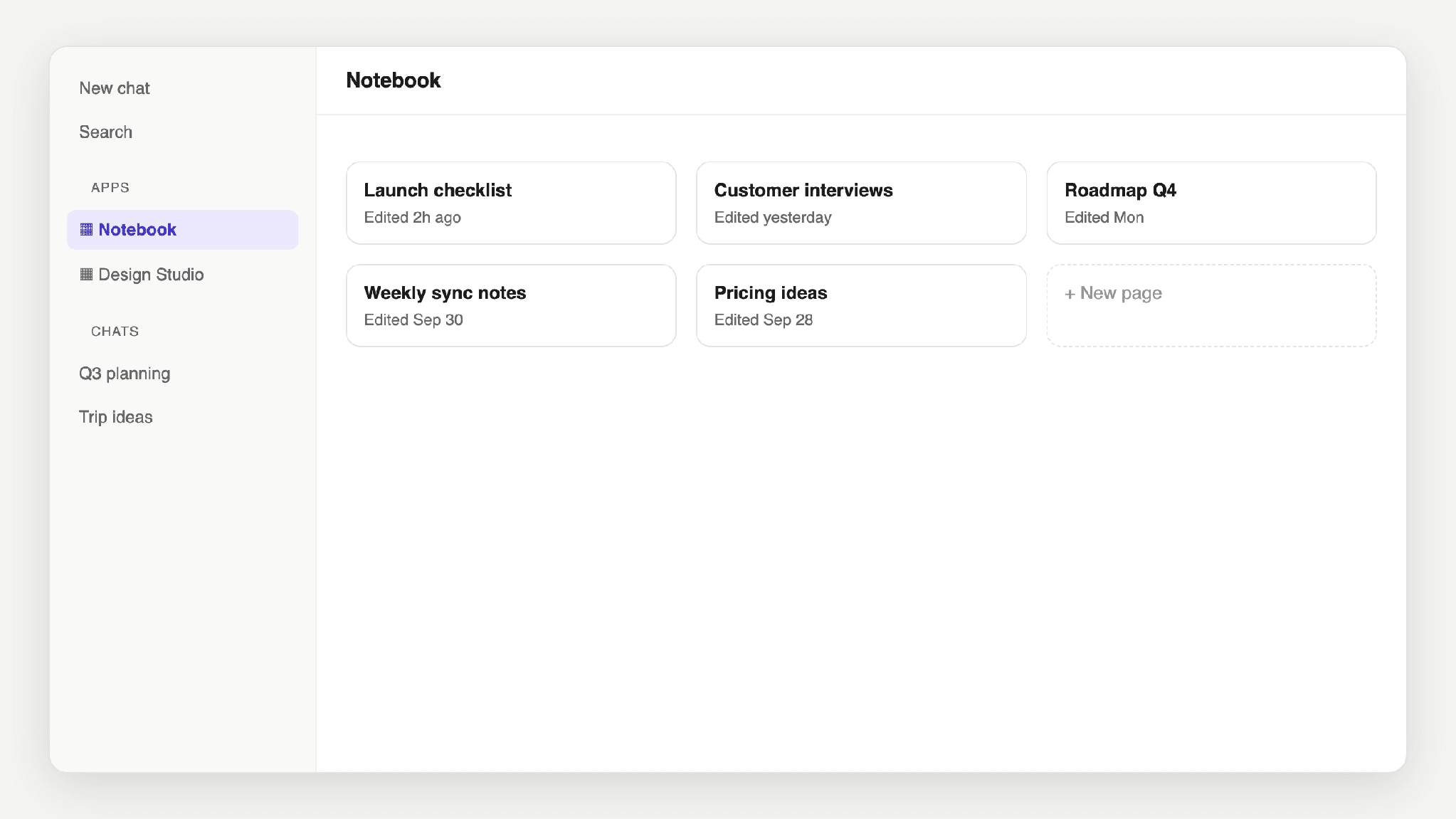 A Notebook app opened fullscreen from the ChatGPT sidebar, showing a grid of pages