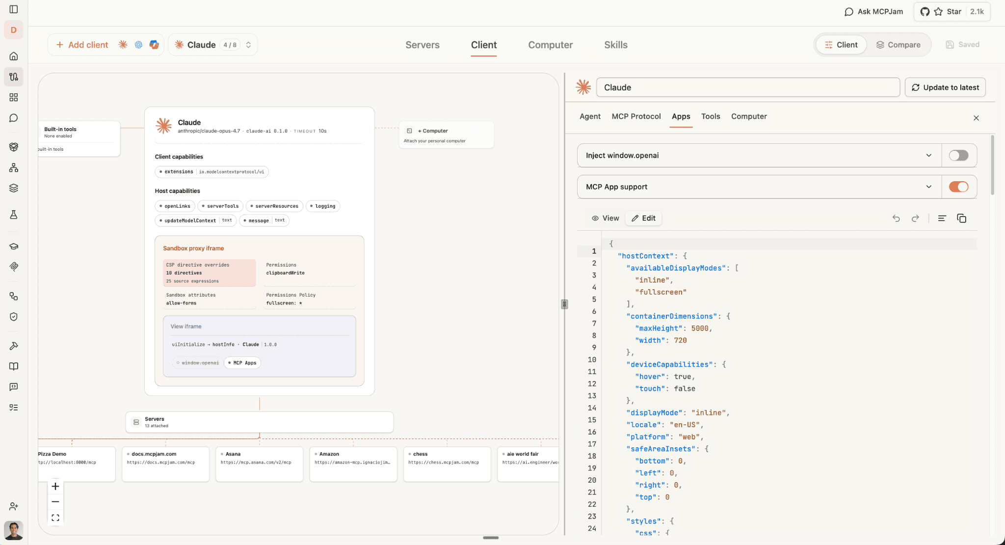 MCPJam Inspector showing the Claude client and MCP App capabilities