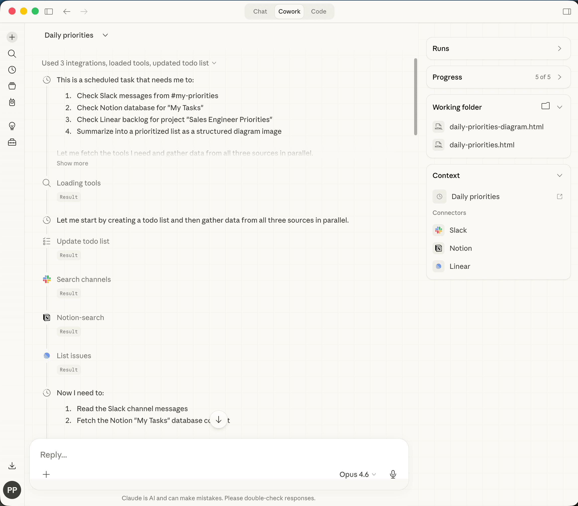 Cowork agent running a scheduled Daily priorities task across Slack, Notion, and Linear