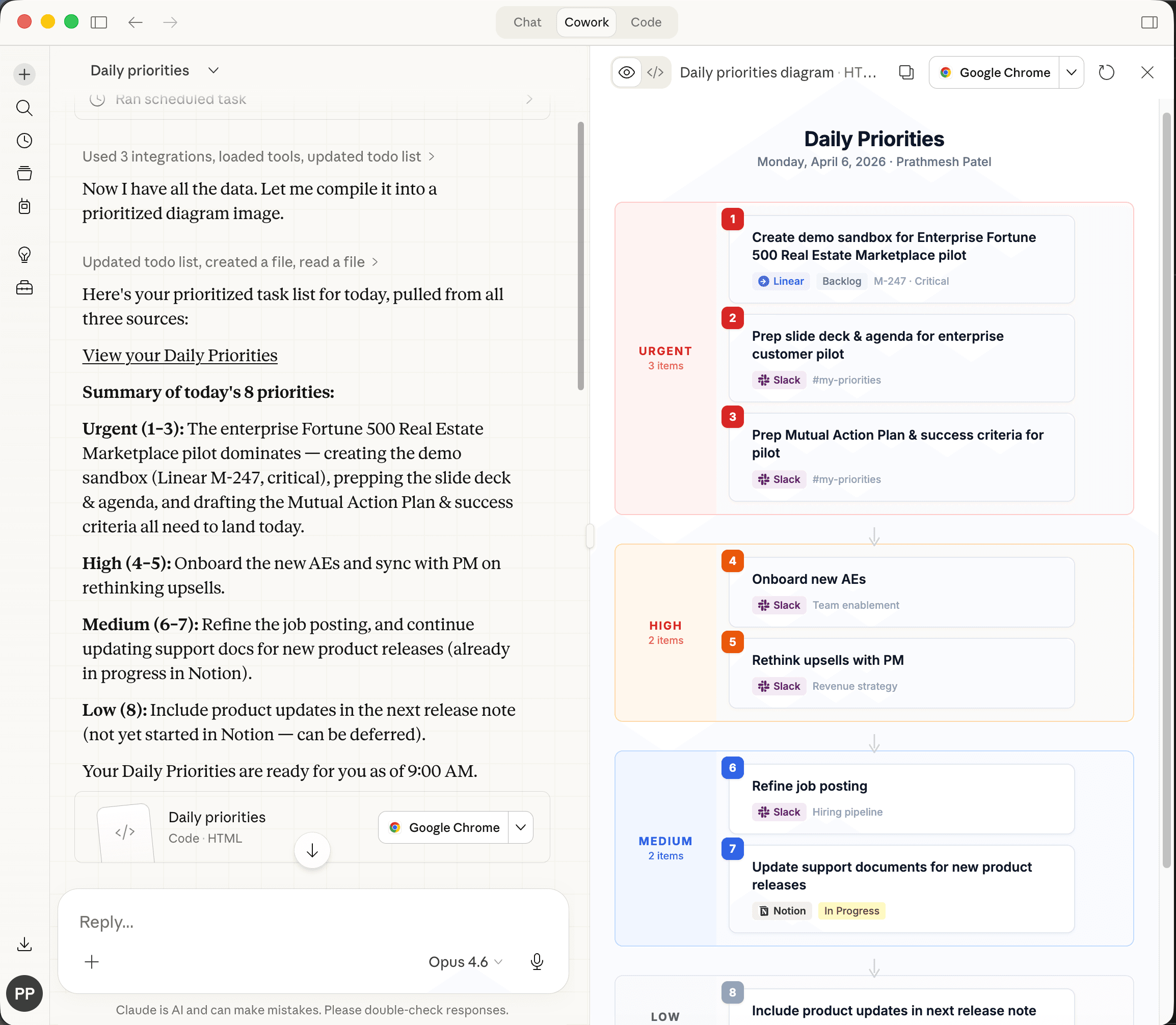 Chat and rendered Daily Priorities diagram summarizing tasks by urgency