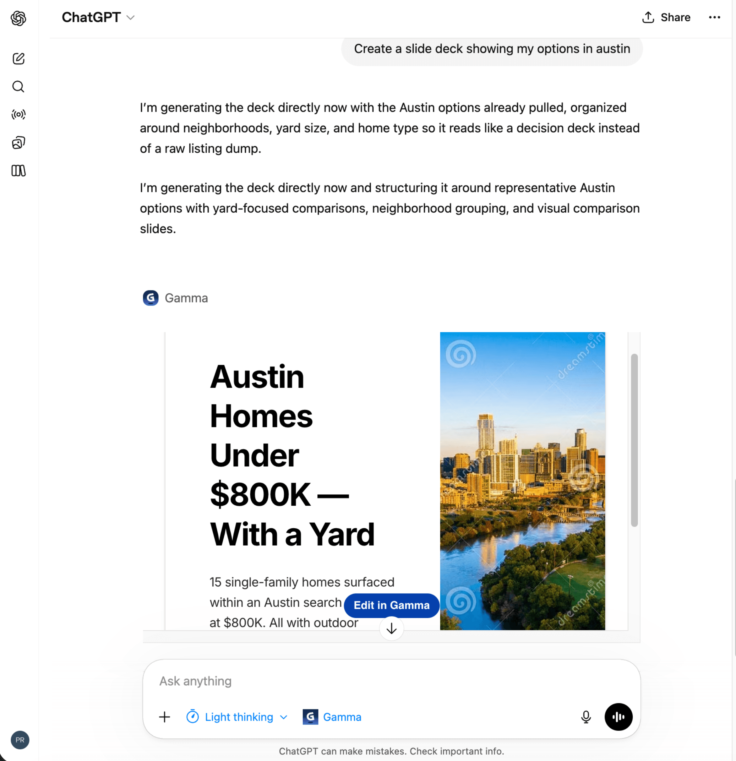Gamma slide deck preview for Austin homes under budget with a yard