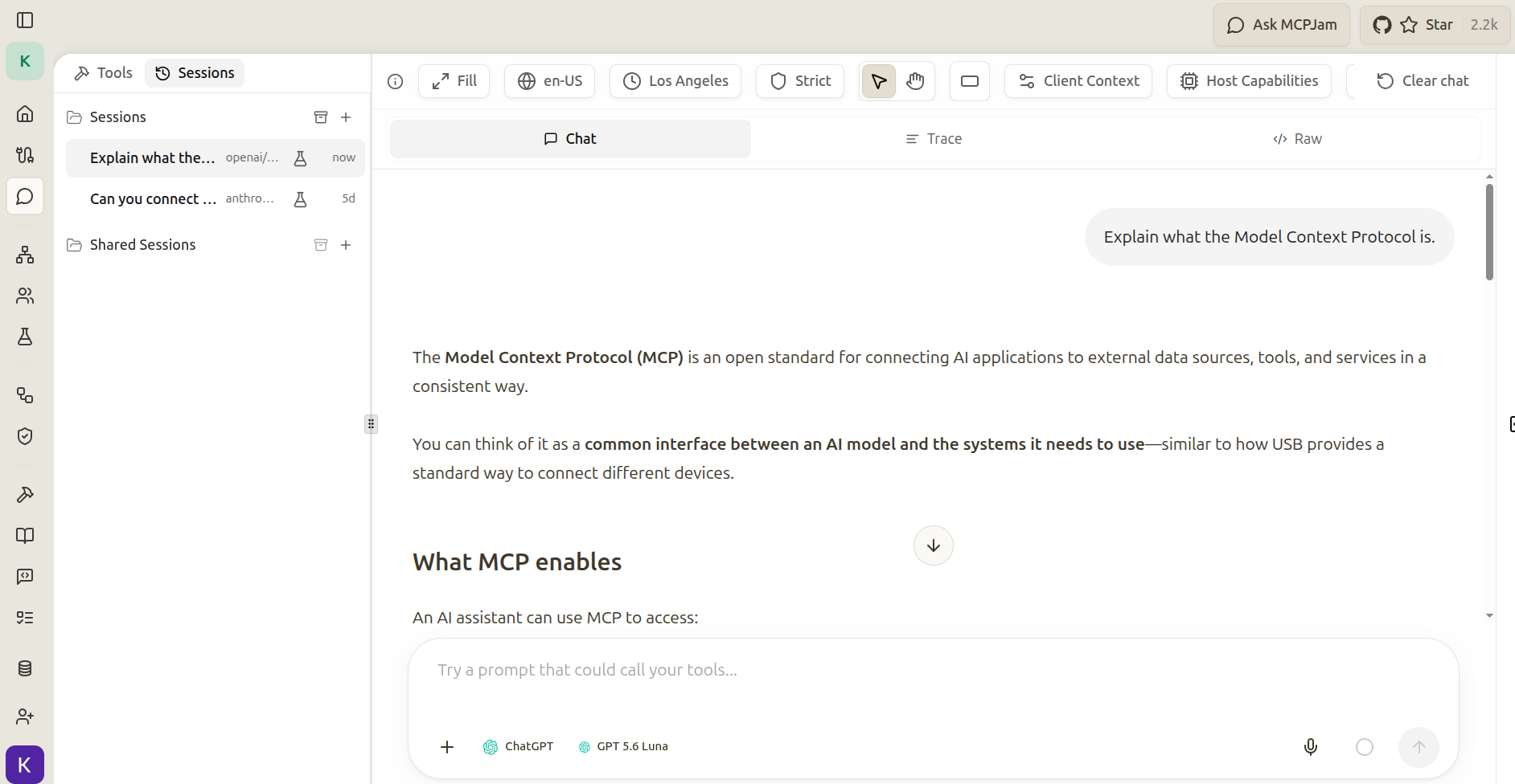 MCPJam Playground answering the prompt Explain what the Model Context Protocol is directly in text, with no tool call