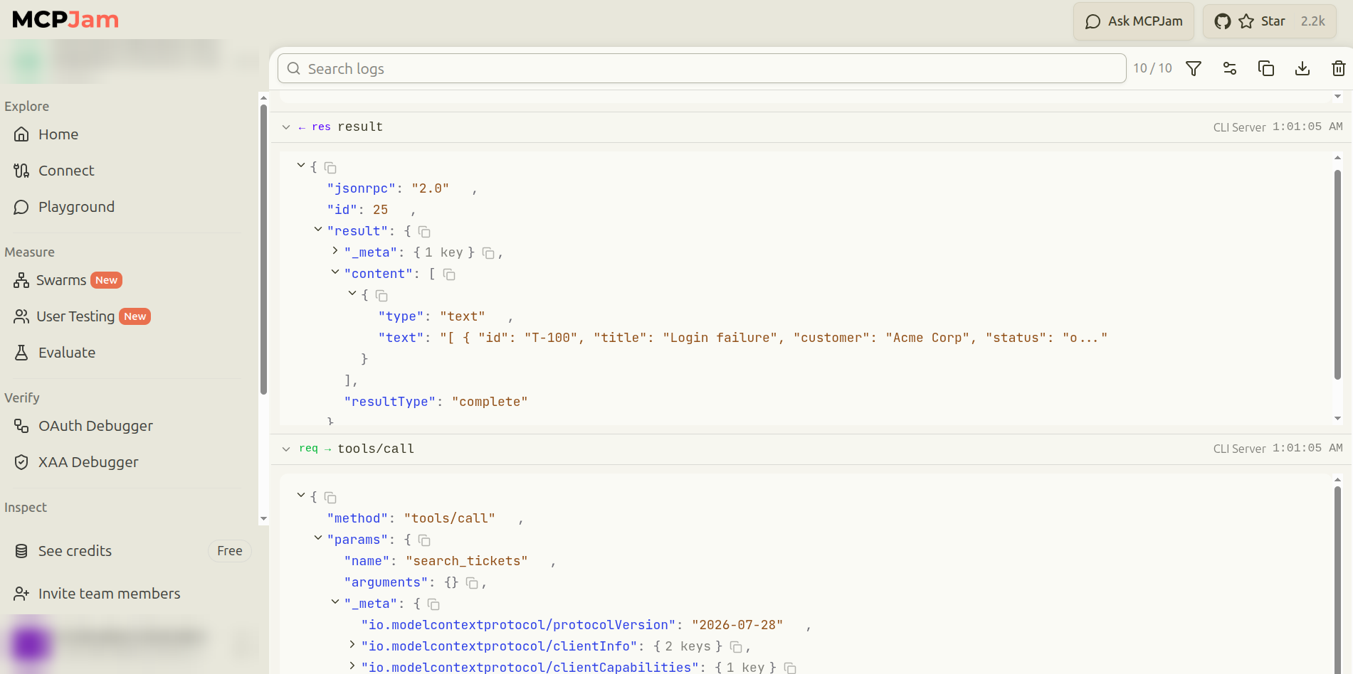 MCPJam logs panel showing a tools/call request for search_tickets with empty arguments and its JSON-RPC result, including the 2026-07-28 protocol version metadata
