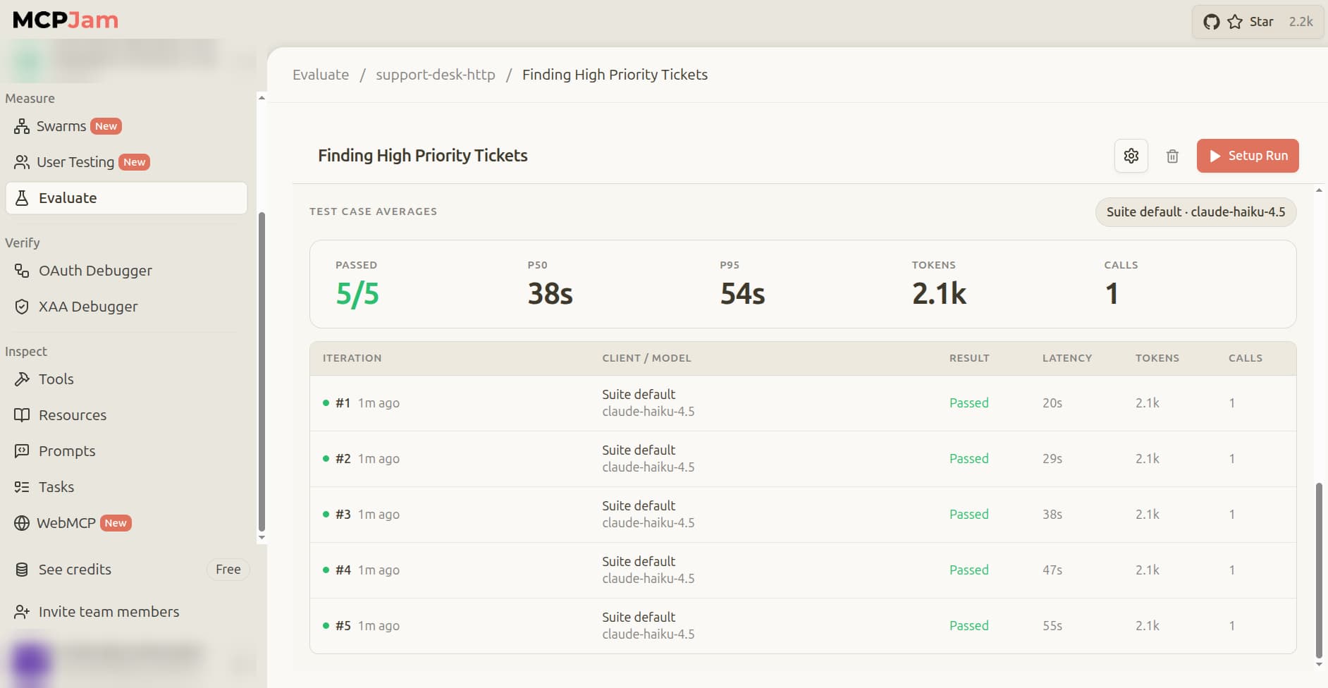 MCPJam Evaluate results for the Finding High Priority Tickets suite: 5 of 5 iterations passed, with P50 latency of 38 seconds, P95 of 54 seconds, 2.1k tokens, and 1 tool call per run