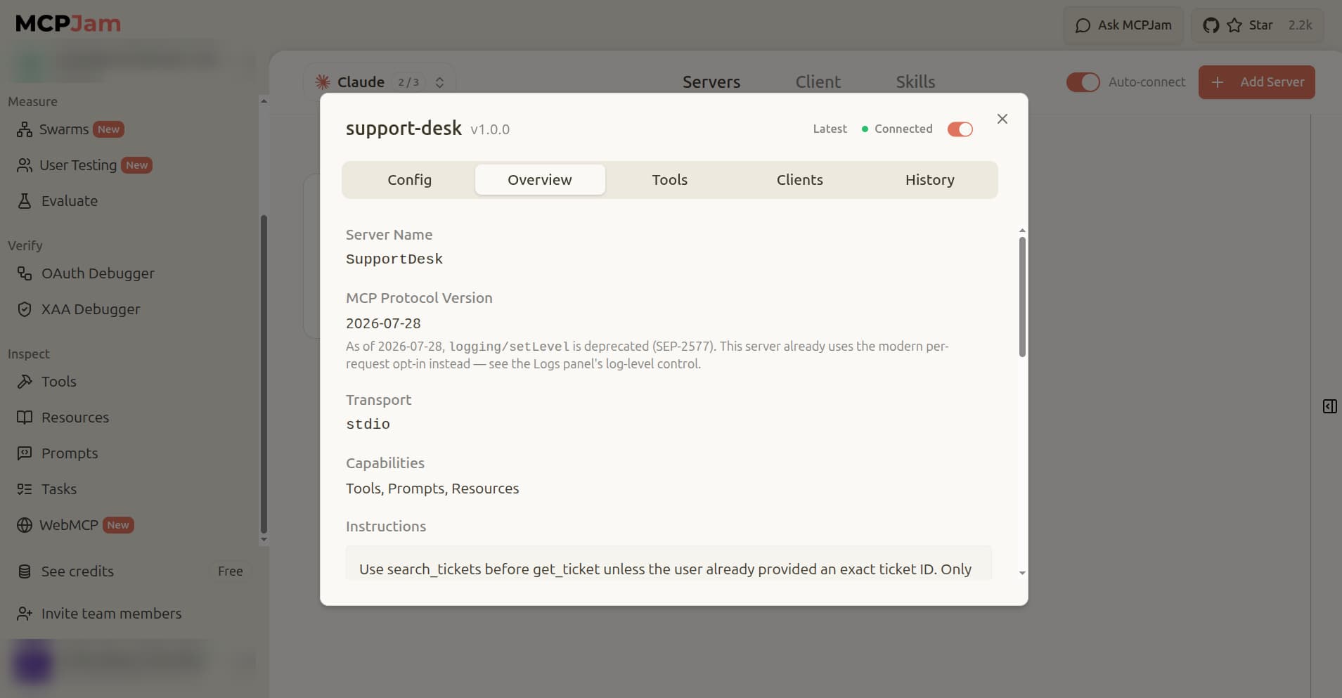 MCPJam server overview dialog for support-desk v1.0.0 on the Overview tab, showing server name SupportDesk, MCP protocol version 2026-07-28, transport stdio, capabilities Tools, Prompts, Resources, and the start of the server instructions