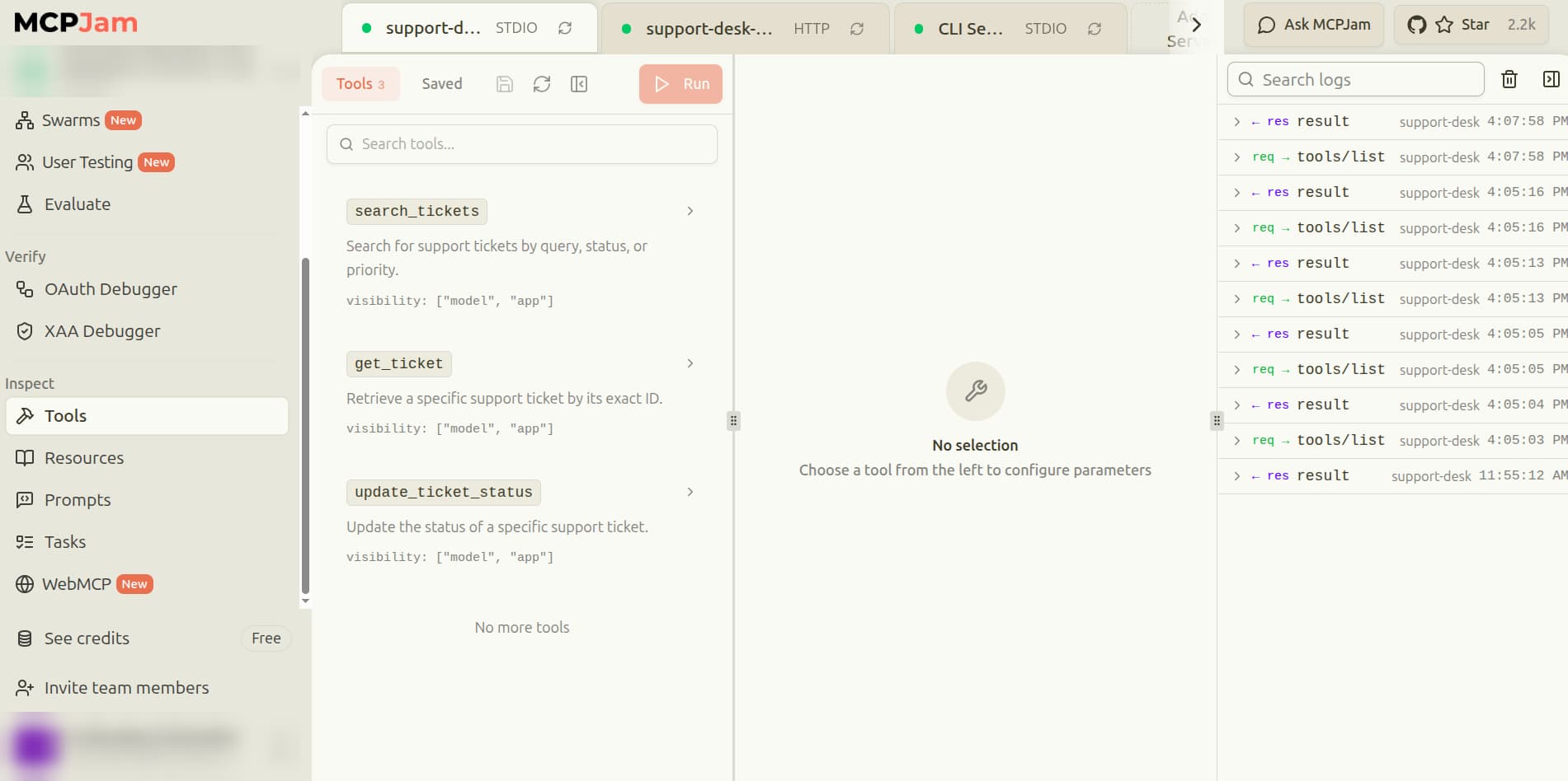 MCPJam Tools tab listing the three SupportDesk tools, search_tickets, get_ticket, and update_ticket_status, each with its description, and the request log open on the right