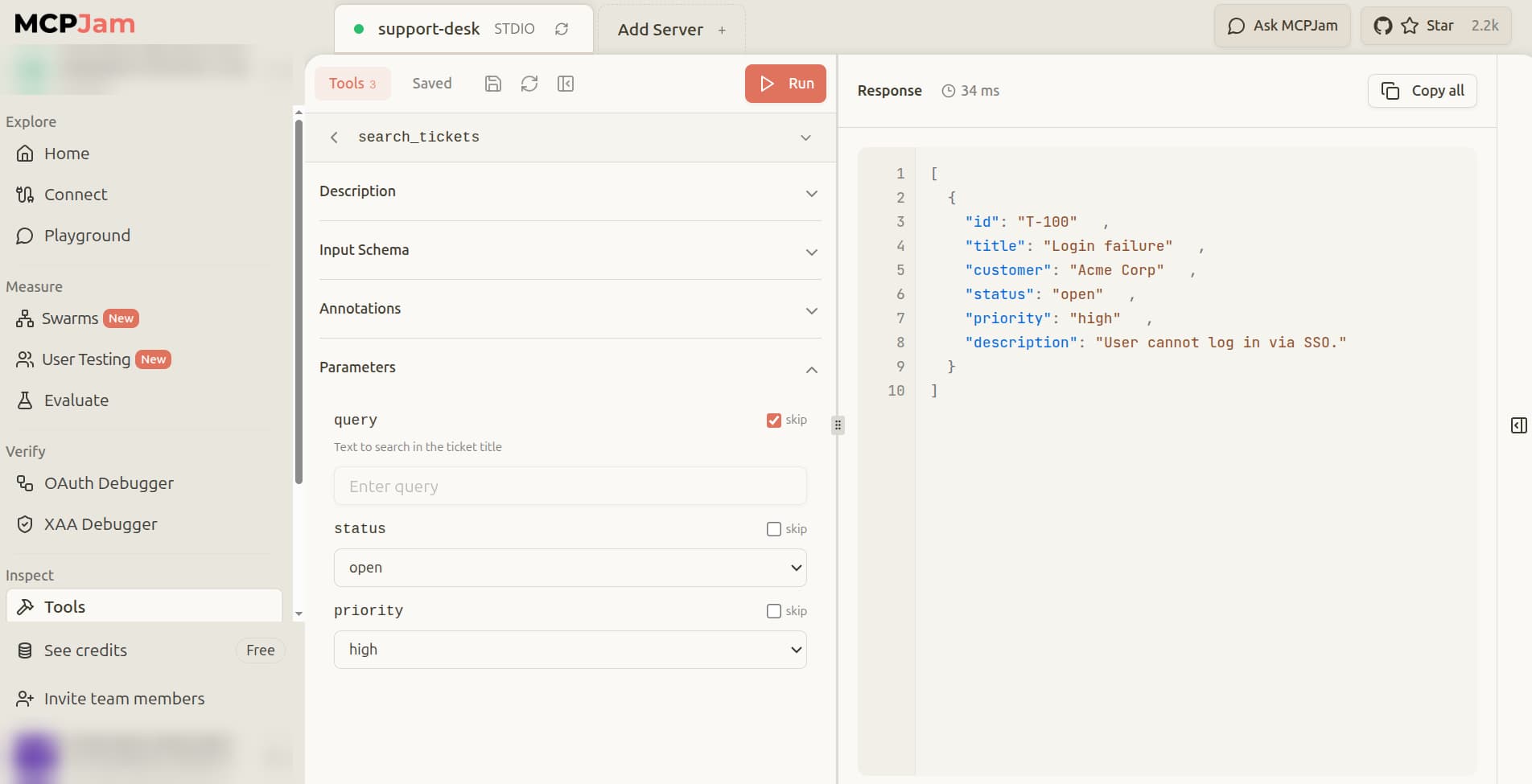 MCPJam Tools tab with search_tickets selected, status set to open and priority set to high. The response shows ticket T-100, Login failure, for Acme Corp