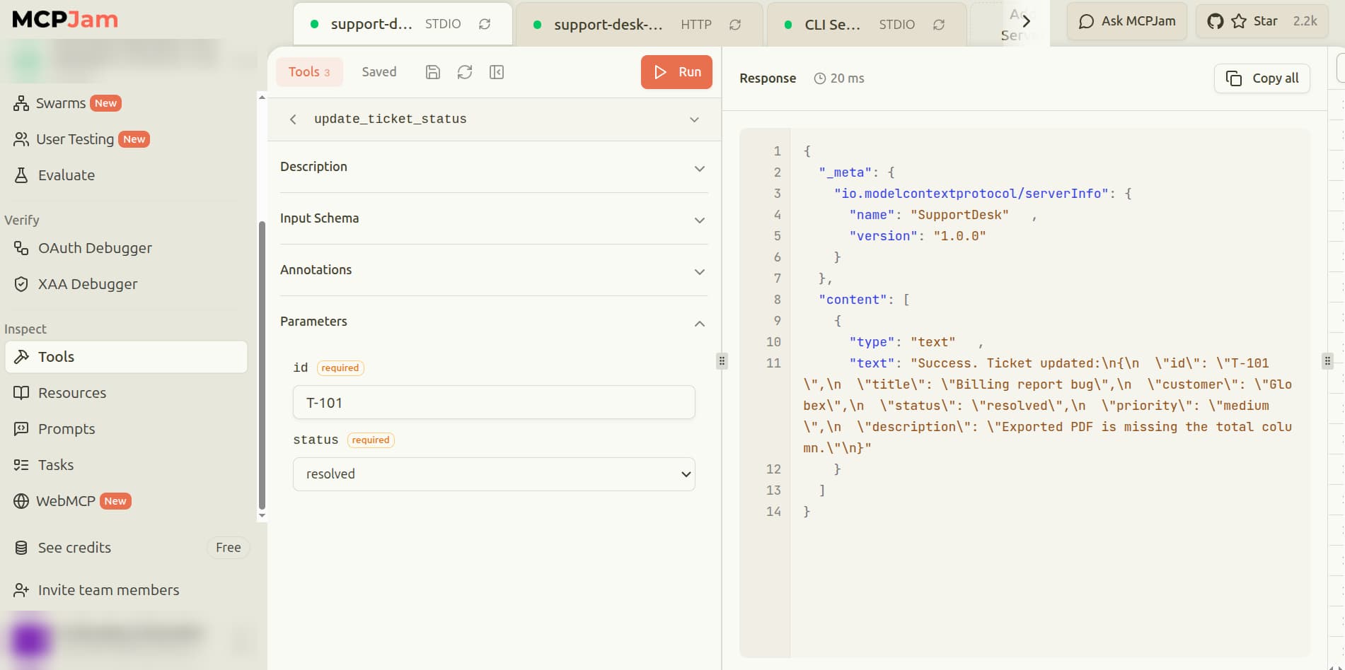 MCPJam Tools tab with update_ticket_status selected, id T-101 and status resolved. The response reports success and shows ticket T-101, Billing report bug, with status resolved
