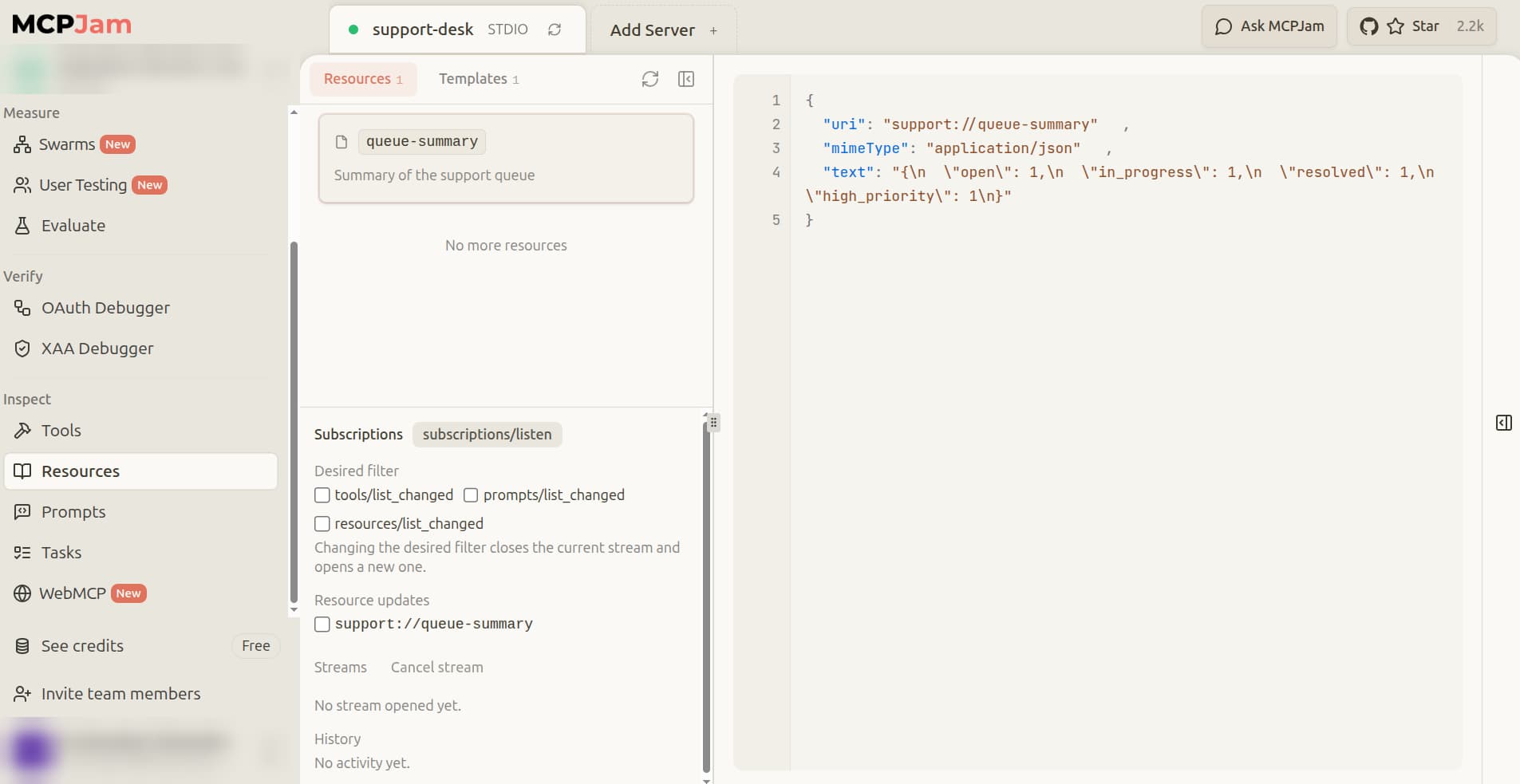 MCPJam Resources tab with the queue-summary resource read. The JSON response counts one open, one in-progress, one resolved, and one high-priority ticket