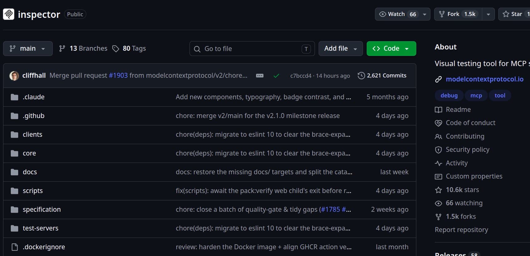 MCP Inspector V2 GitHub repository page showing the official MCP debugging toolkit
