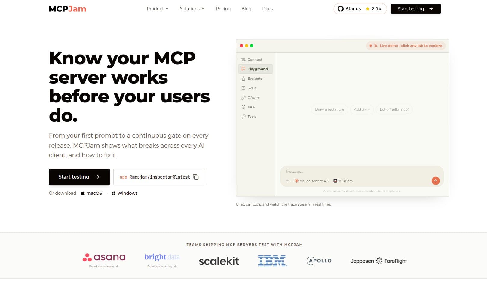MCPJam homepage showing the pre-production MCP server testing platform