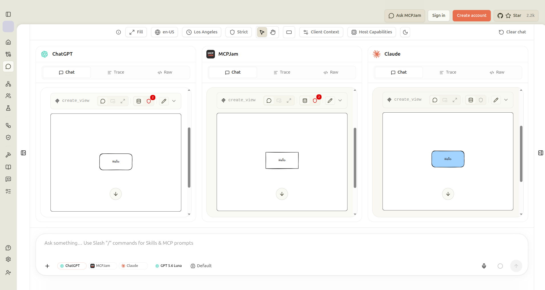 MCPJam Playground running the same create_view tool call in three client configurations side by side, ChatGPT, MCPJam, and Claude, each rendering a small Hello diagram in its own style