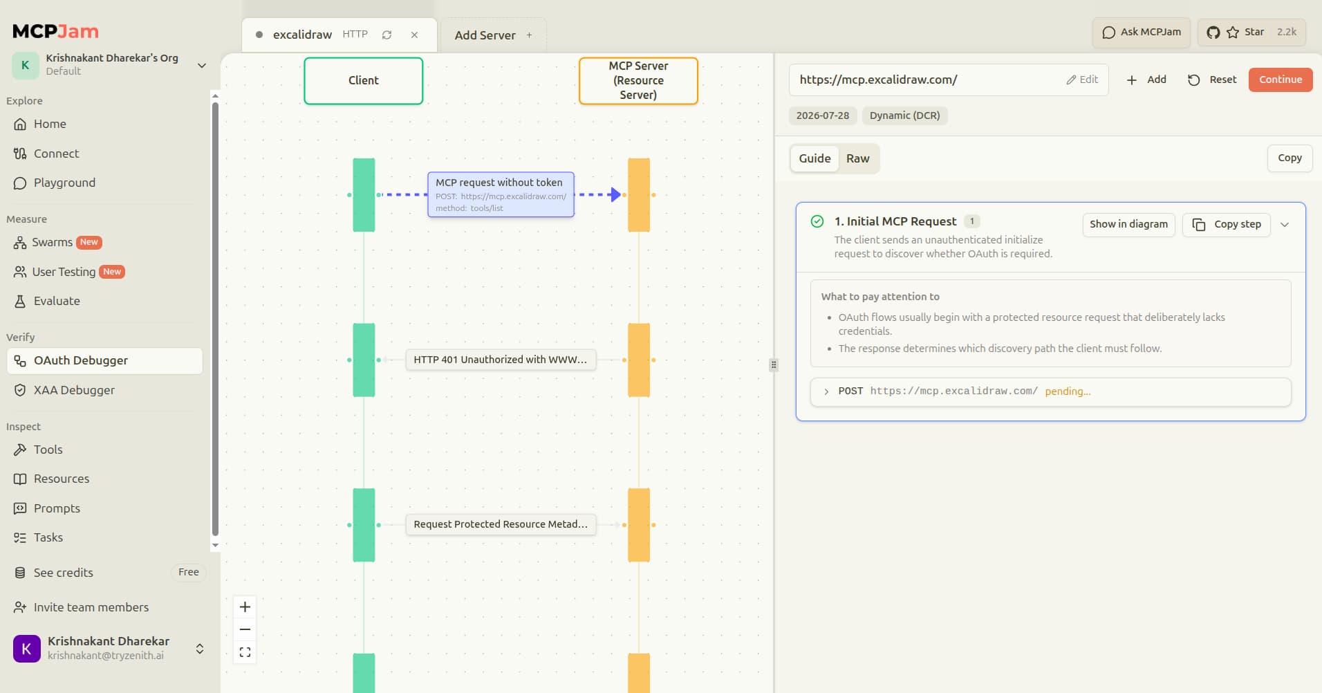 MCPJam OAuth Debugger showing a sequence diagram between a client and an MCP resource server, with step 1, the initial MCP request without a token, expanded in the guide panel