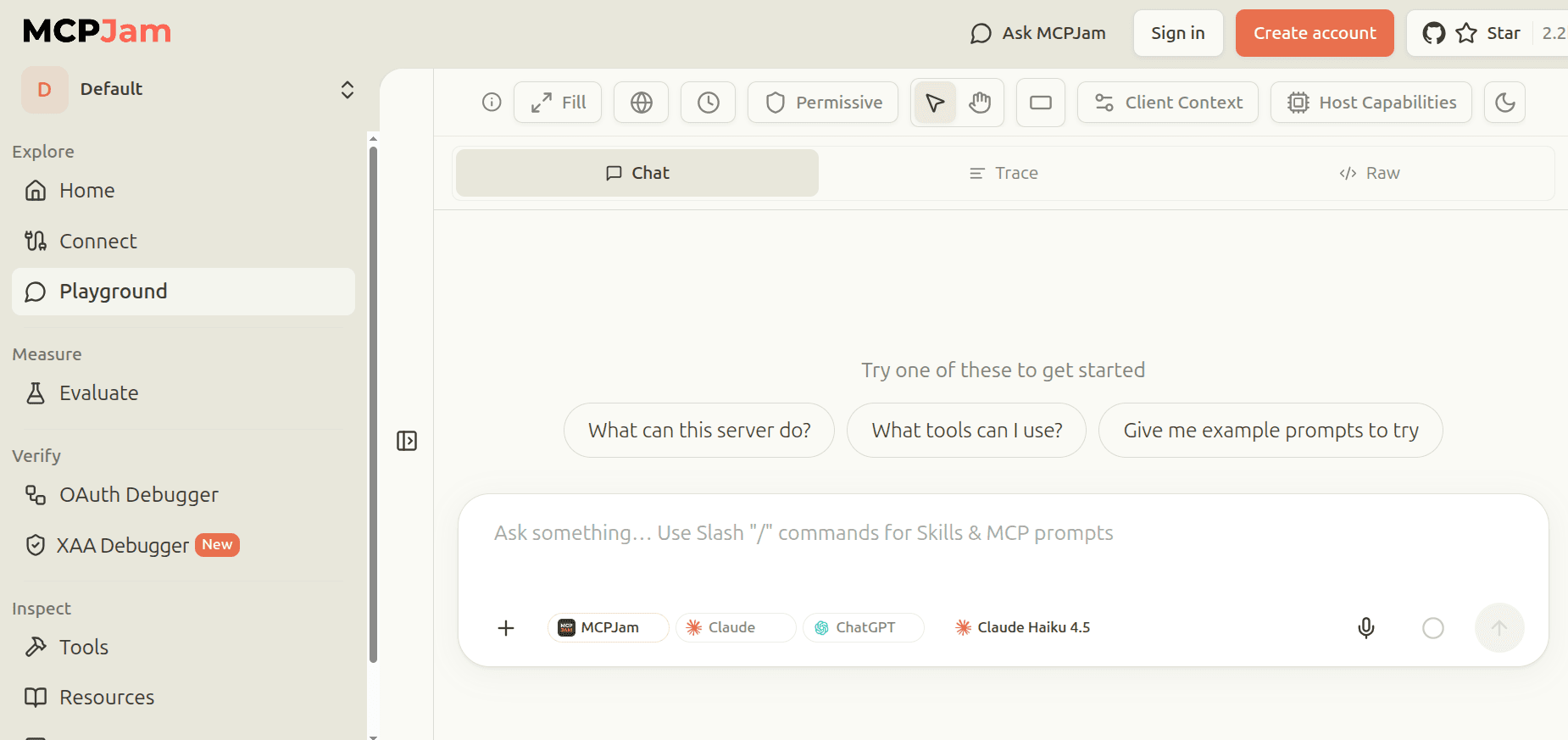 Screenshot of the MCPJam Playground chat interface, showing model and server pickers and a message composer with Claude Haiku 4.5 selected