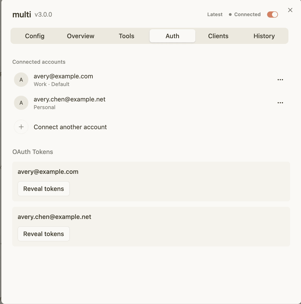 MCPJam Auth tab showing two connected accounts, avery@example.com (Work, Default) and avery.chen@example.net (Personal), each with its own OAuth tokens