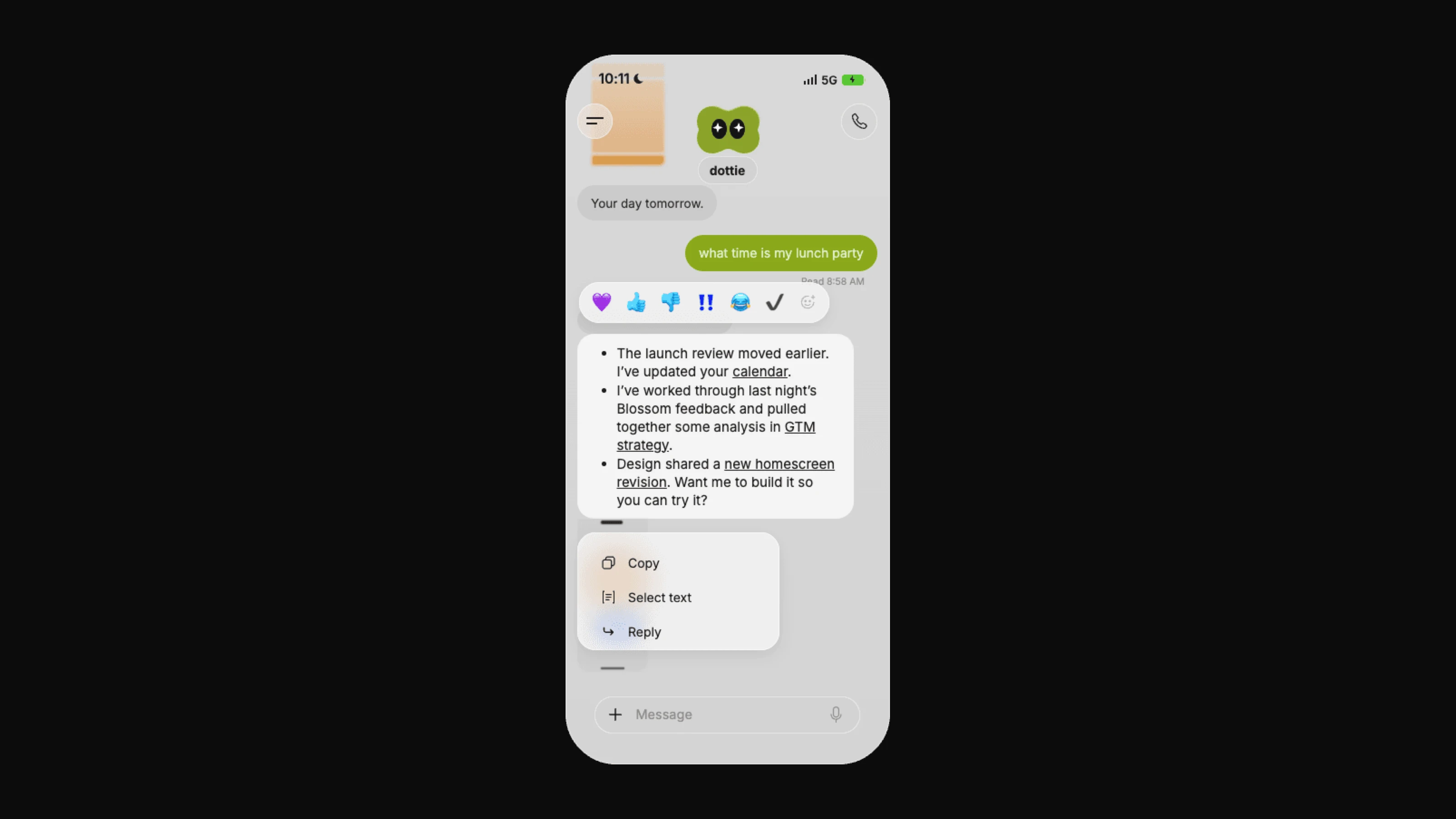 A phone messaging thread with a dot named dottie summarizing calendar changes, completed analysis, and a design revision
