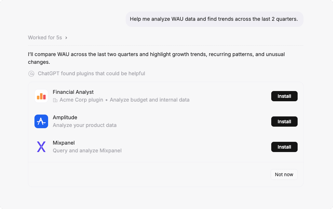 ChatGPT suggesting Financial Analyst, Amplitude, and Mixpanel plugins with Install buttons in response to a request to analyze WAU data