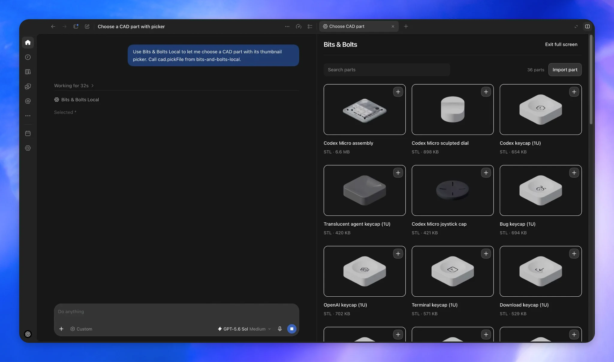 A plugin opened in a fullscreen panel next to a ChatGPT conversation, showing a CAD part picker