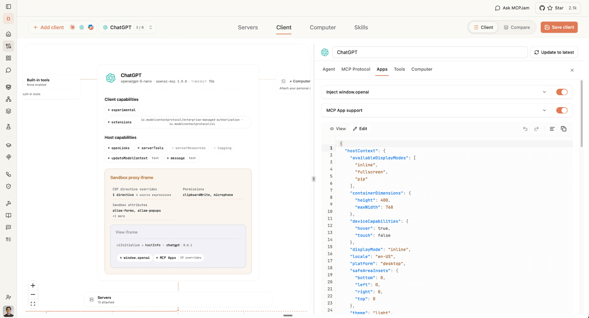 MCPJam Inspector showing the ChatGPT client and MCP App capabilities