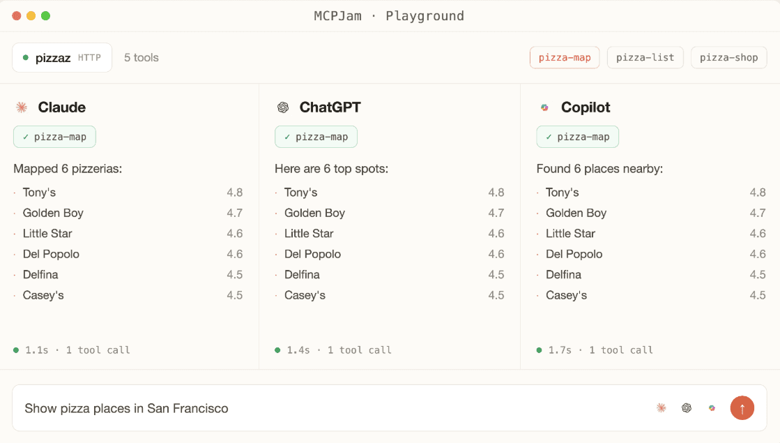 MCPJam Playground comparing the same MCP prompt across Claude, ChatGPT, and Copilot