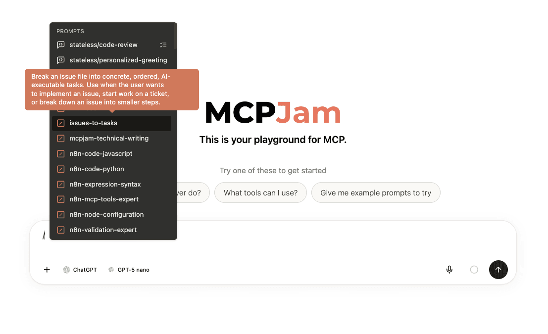 MCPJam Playground with the Skills picker open
