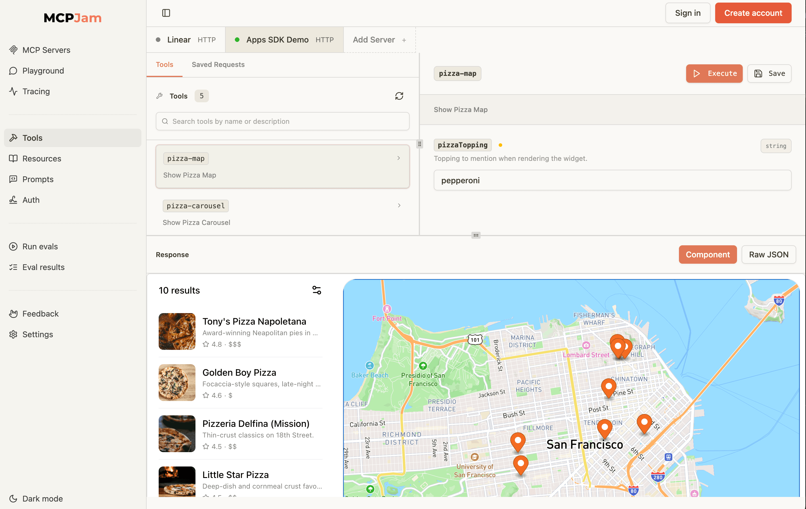 Screenshot of MCPJam's Apps SDK inspector
