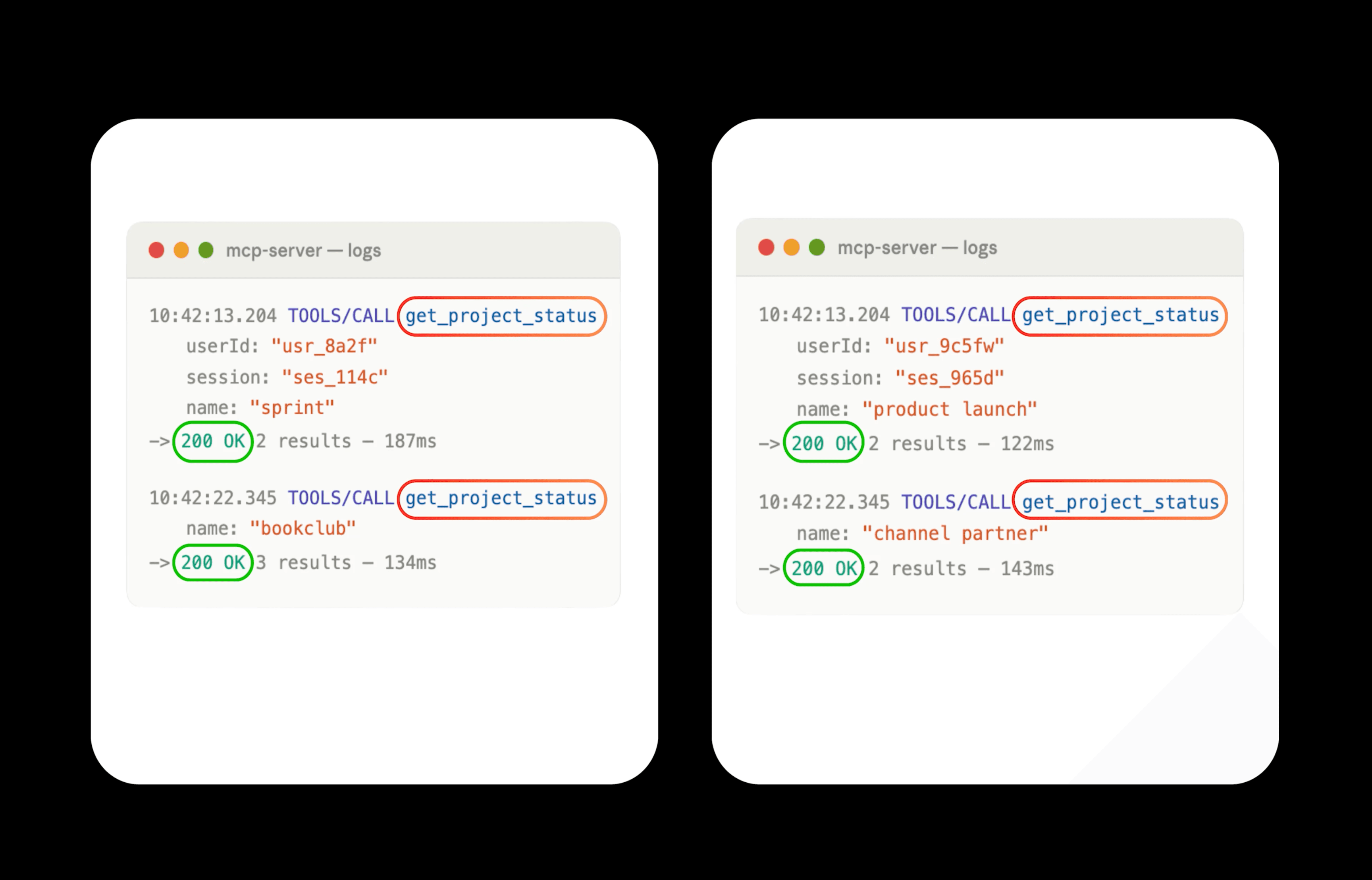 Two users with similar sessions and tool calls producing nearly identical logs with 200 OK responses