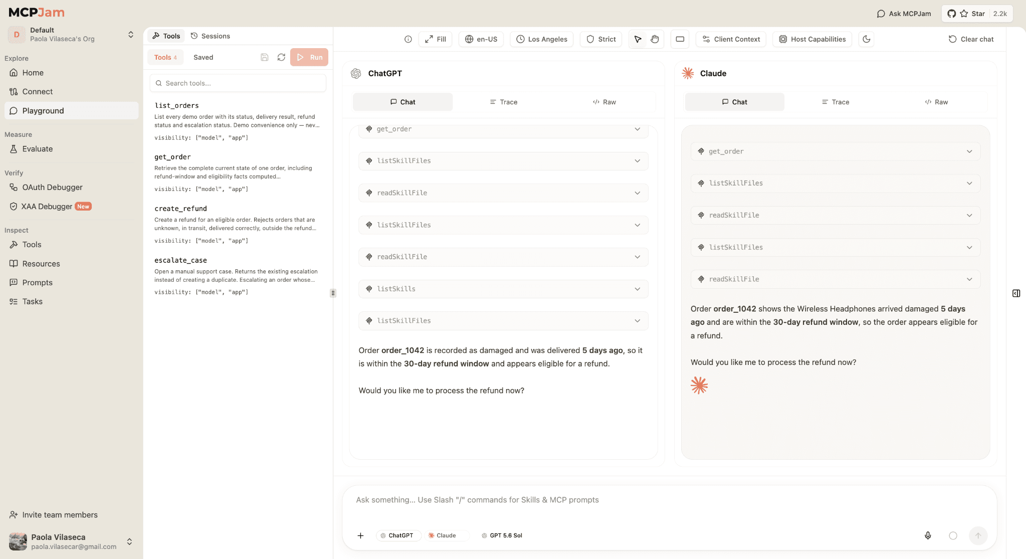 MCPJam Playground showing get_order and the agent asking for confirmation before refunding order_1042