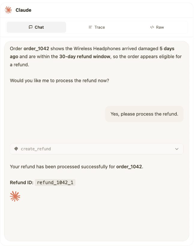 Claude calling create_refund after the user confirms, returning Refund ID refund_1042_1