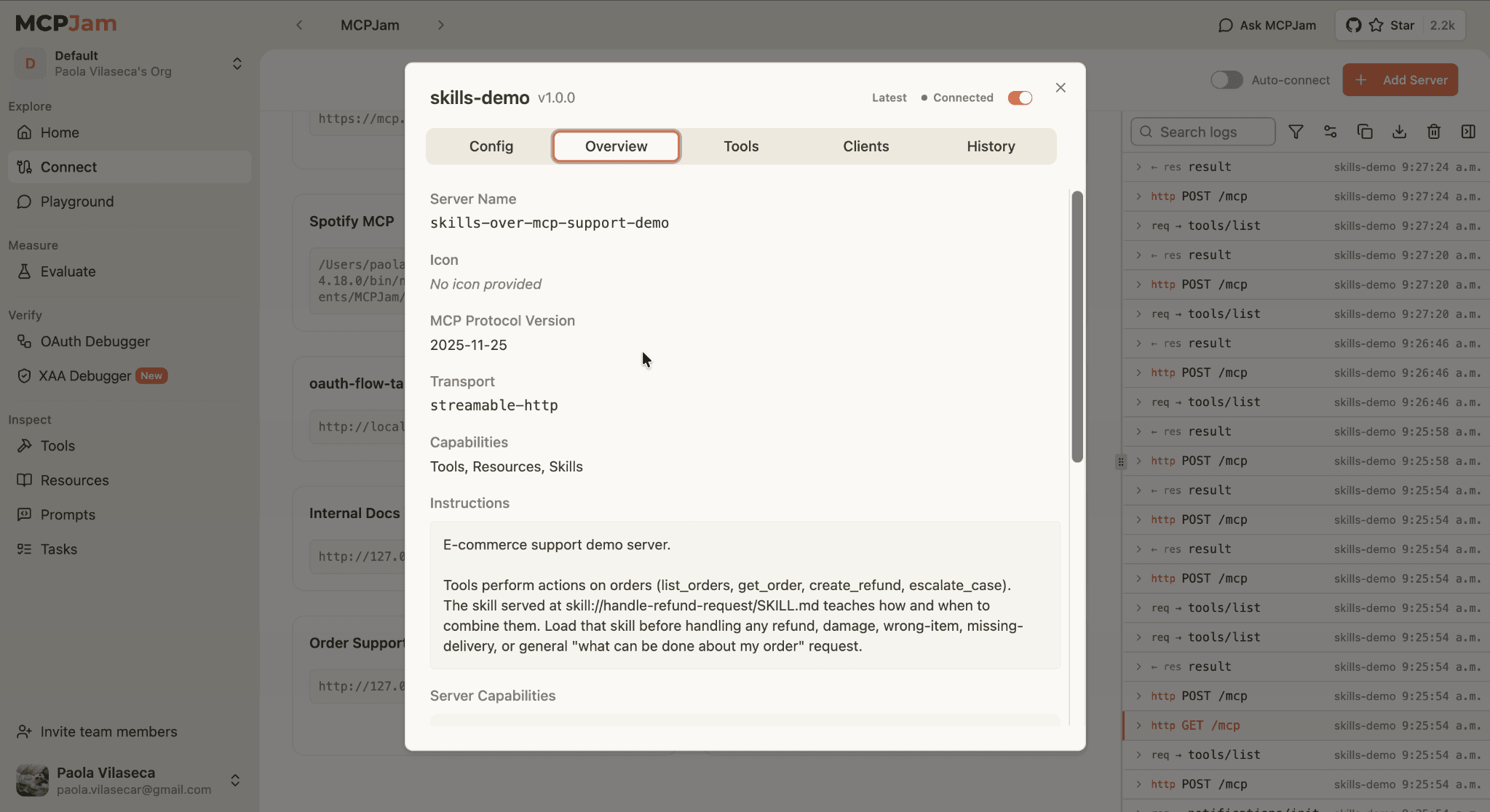 MCPJam server Overview for skills-demo, listing Tools, Resources and Skills in its capabilities