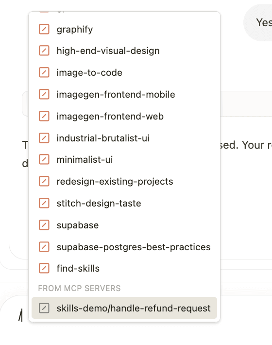 Playground slash menu listing skills-demo/handle-refund-request under From MCP Servers