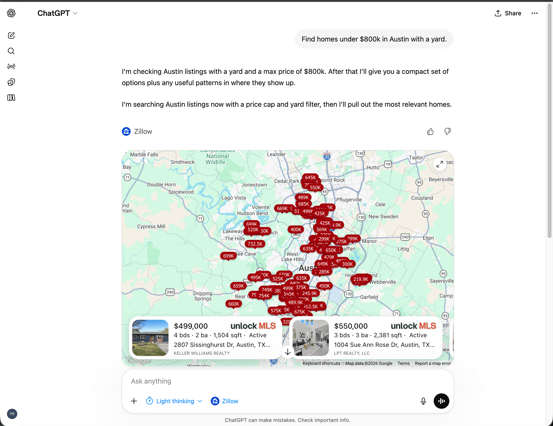 ChatGPT with Zillow integration showing a map and listings for homes in Austin